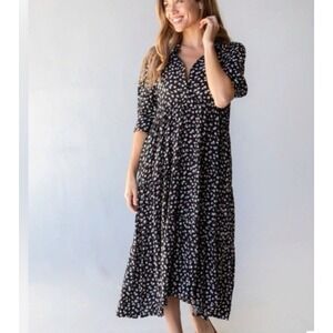 Natural Life Rebecca Dress Womens XL Floral Black Cream Midi Flowy Cottagecore